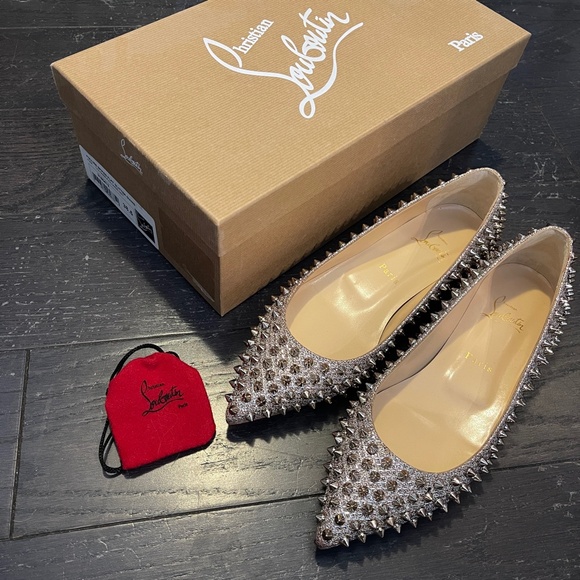 NEW Christian Louboutin follies Spikes Flats glitter diams Size 38.5 Full set - Picture 3 of 13